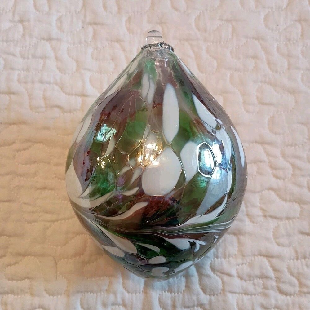 Hand Blown Art Glass Christmas Ornament Large 5.5" Silver White Craft